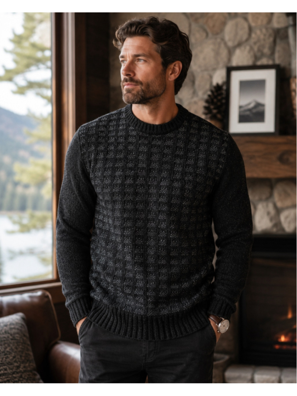Men's Robert Bruce Crewneck Sweater L Charcoal Teal Waffle Knit Summer Sale